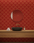 Crimson Bloom bold red botanical mural wallpaper as a feature wall in a bright home office