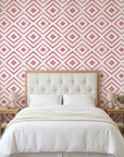 Crimson Echo elegant red geometric wallpaper in a warm and inviting living room
