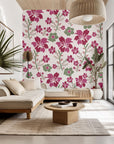 Magenta and green flowered wallpaper with a textured finish applied by brushwork (Crimson Grove)