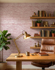 Crimson Horizon textured red abstract wallpaper as a feature wall in a bright home office