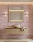 Crimson Horizon textured red abstract wallpaper creating ambiance in a serene bathroom