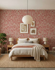 Crimson Relic textured red geometric wallpaper in a warm and inviting living room