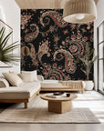 Classic, deep-toned wallpaper showcasing paisley designs rendered in red and brown motifs