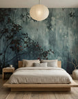 Moody teal and gray Crimson & Ash wallpaper with dark botanical branches in serene bedroom setting