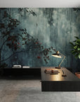 Moody teal and gray Crimson & Ash wallpaper with dark botanical branches in modern home office
