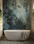 Crimson & Ash botanical wallpaper with dark branches and red berries on weathered teal background in spa bathroom