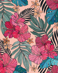 Bright pink hibiscus flowers and teal foliage on a removable wallpaper surface