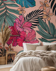 Bold pink hibiscus flowers and teal leaves on a removable wallpaper pattern