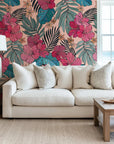 Peel and stick wall covering featuring bold pink hibiscus blooms and dark teal foliage