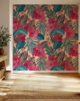 Tropical wall covering featuring bright pink hibiscus flowers and teal foliage
