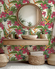 Tropical wall mural featuring crimson hibiscus blooms and bird of paradise foliage