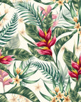 Vibrant red heliconia flowers and emerald green palm leaves on self-adhesive wallpaper