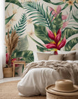 Vibrant red heliconia flowers and lush green palm leaves on removable wallpaper