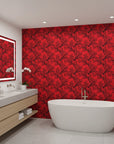 Crimson Pine Silhouette bold red tree wallpaper creating ambiance in a serene bathroom