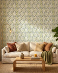 Crossroads green geometric peel and stick wallpaper in a warm and inviting living room