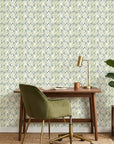 Crossroads green geometric peel and stick wallpaper as a feature wall in a bright home office