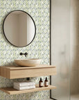 Crossroads green geometric peel and stick wallpaper creating ambiance in a serene bathroom