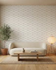Crystal Lines grey geometric trellis in a warm and inviting living room