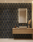 Crystal Noir dramatic black and gold art deco wallpaper as a feature wall in a bright home office