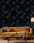 Current Drift dark teal abstract textured wave wallpaper in a warm and inviting living room