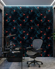 Current Drift dark teal abstract textured wave wallpaper as a feature wall in a bright home office