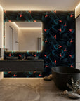 Current Drift dark teal abstract textured wave wallpaper creating ambiance in a serene bathroom