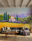 Textured Tuscan landscape with cypress trees peel and stick wallpaper - Cypress & Gold