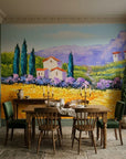 Cypress & Gold tuscan landscape painterly wallpaper adding character to a cozy bedroom