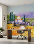 Cypress & Gold tuscan landscape painterly wallpaper as a feature wall in a bright home office