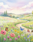 Whimsical Dandelion Wishes wallpaper featuring wildflower meadow with butterflies and rolling countryside in soft watercolors