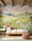 Whimsical Dandelion Wishes wallpaper mural with wildflowers, butterflies, and pastoral countryside in soft pastels