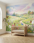 Watercolor Dandelion Wishes wallpaper mural featuring pastoral meadow with butterflies and wildflowers in nursery setting