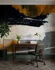 Dark Ember black and gold abstract wallpaper adding character to a cozy bedroom