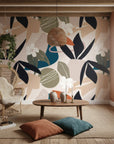 Geometric leaf pattern wallpaper sample in jewel tones and black