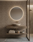 Dark Weave neutral geometric peel and stick wallpaper creating ambiance in a serene bathroom