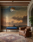 Dramatic landscape mural wallpaper Deep Forest with stormy skies in living room with exposed wood beams
