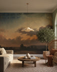 Amber and charcoal Deep Forest sunset mural wallpaper in living room with natural light