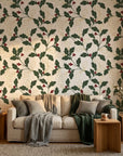 Deep Oak elegant green botanical wallpaper in a warm and inviting living room