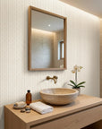 Desert Loom neutral geometric peel and stick wallpaper as a feature wall in a bright home office