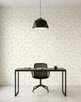 Dew & Gold elegant gold botanical leaf wallpaper as a feature wall in a bright home office