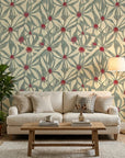 Distressed Daisy weathered floral wallpaper in a warm and inviting living room