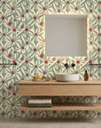Distressed Daisy weathered floral wallpaper creating ambiance in a serene bathroom
