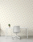 Ditsy Delight cream colorful tiny flower wallpaper as a feature wall in a bright home office