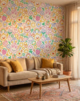 Doodle Dreams white kawaii cartoon character wallpaper in a warm and inviting living room