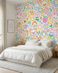Doodle Dreams white kawaii cartoon character wallpaper adding character to a cozy bedroom