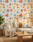 Dotted Bliss white whimsical folk art floral wallpaper in a warm and inviting living room