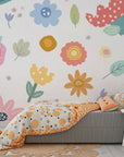 Playful multicolored nature pattern with stylized blossoms for easy-install wall decor - Dotted Bliss