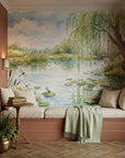 Blue and green Dragonfly Dreams peel and stick wallpaper with willow tree pond scene in cozy reading nook