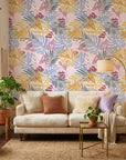 Dream Canopy blush pastel tropical leaf in a warm and inviting living room