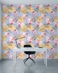 Dream Canopy blush pastel tropical leaf as a feature wall in a bright home office